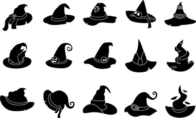 Wall Mural - Witch black hats silhouettes. Variety hat magic icons. Isolated wizards caps, horror tale elements. Witchcraft outfit, halloween nowaday vector symbols