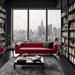  A contemporary library with black bookshelves
