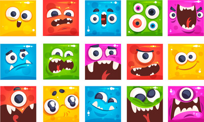 Wall Mural - Monsters square avatars. Monsters kids portraits, comic strange mascot funny troll face geometric emoticon smile halloween crazy character, cartoon alien classy vector illustration