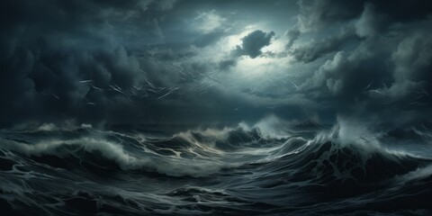 Wall Mural - Stormy roiling sea under a dark sky.  Waves in the ocean, large with ominous cloudy sky. Generative AI. 
