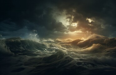 Wall Mural - Stormy roiling sea under a dark sky.  Waves in the ocean, large with ominous cloudy sky. Generative AI. 
