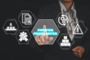 Statistical process control concept, Business woman hand touching statistical process control icon on virtual screen.