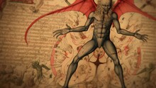 An Old Drawing Of The Devil With Horns And Red Wings In A Medieval Book, Depicting Satan Or Lucifer In A Codex On Demonology. Text, Symbols Of Hell To Represent Dark Cults For A Satanic Sect 