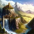 high stone walls rolling hills of the smallest country impenetrable wall A giant castle sitting in the bay golden gates mable towers tall cliffs waterfalls 