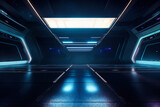 Fototapeta Przestrzenne - Spaceship corridor. Futuristic tunnel with light, interior view. Future background, business, sci-fi or science concept. 3d rendering