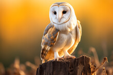 Beautiful Barn Owl Perched On A Tree Stump On Yellow Autumn Season, Side View, Blurred Yellow Grass Background
