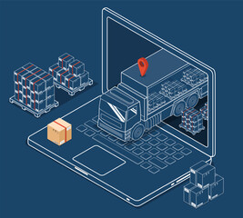 Wall Mural - 3D isometric Logistic concept with Delivery express by truck on computer laptop screen with GPS, Delivery service online. Vector illustration EPS 10