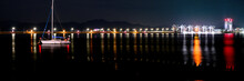 Mokpo Dancing Sea Nightscape With A Moored Boat At Youngsanho Lake In Mokpo City, South Korea