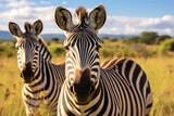 Fototapeta Konie - two cute zebra animals on the grassland