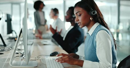 Poster - Business woman, office call center and computer communication, customer support or virtual advice. Young consultant in telecom workspace talking, typing and helping with ecommerce FAQ or information