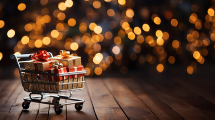 christmas package shopping cart background created with generative ai technology