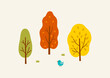 Autumn trees forest with little bird landscape background.