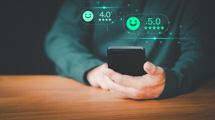 Poster - Male customer using a smartphone in give rating to service experience assessment on application to the shops. Online customer review satisfaction feedback survey and testimonial on mobile phone.