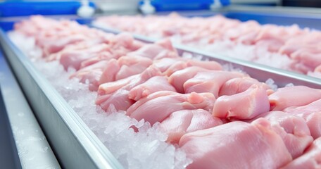 Wall Mural - Rows of fresh chicken meat, prepared and packaged, ready for distribution from a modern poultry facility