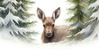  a painting of a deer in the snow with pine trees in the background.  generative ai