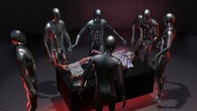 Human Abductee Surrounded By Extraterrestrials. Aliens Performing Experiments On Man. Aliens Surrounding Person On Examination Table. Being Examined, Surrounded By Aliens. 3d Render Illustration.