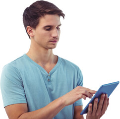 Canvas Print - Digital png photo of caucasian man holding tablet on transparent background