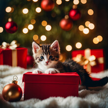 Cozy Christmas Kitten With Tree, Ornament, And Festive Decorations.