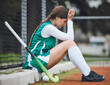 © Mumtaaz D/peopleimages.com - Player, headache and woman with burnout, hockey and anxiety with fitness, mistake and depression. Person, athlete and girl outdoor, migraine and stress with mental health, lose and sports with injury