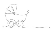 Baby Stroller One Line Drawing Isolated On White Background