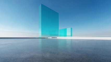Aufkleber - 3d render of abstract futuristic glass architecture with empty concrete floor.