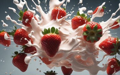 Strawberries  with a splash of milk flying in the air