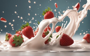 Strawberries  with a splash of milk flying in the air