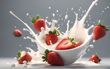 Strawberries  with a splash of milk flying in the air