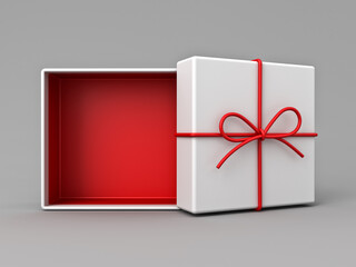 Aufkleber - Minimal white gift box open with blank red bottom box inside or front view of present box tied with red rope ribbon and bow isolated on grey background with shadow minimal conceptual 3D rendering