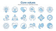 Core values flat icons, such as business, social factors, mission, company, handshake and more. Editable stroke.