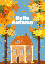 Hello Autumn Landscape, Woman In Autumn Coat Walking The Dog, House Poster