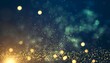 Christmas Golden light shine particles bokeh on navy green background, abstract background with Dark blue and gold particle, background