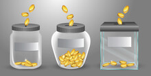 Set Of Realisitic Transparent Money Jar For Tips Or Money Box Glass Transparent For Donations. 3D Render