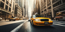 A Yellow Modern Taxi Cab Driving Through A Busy City