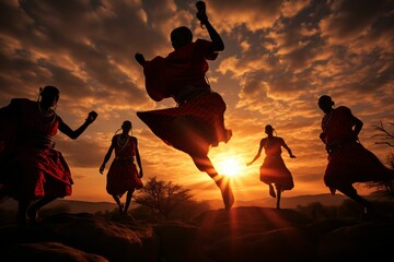 maasai warriors in traditional red shuka perform a high jump dance on kenya's vast savannah; long ex