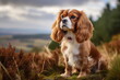 Portrait of sitting cavalier king charles spaniel dog outdoors at autumn nature