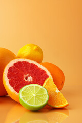 Wall Mural - Cut pieces of citrus fruits on orange background