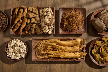 Canvas Print - Variety of herbs are displayed on wooden trays in different shapes. For medicine advertising, photography traditional medicine content