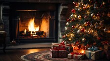 Festive Christmas Tree With Fireplace Background, Cozy Holiday Decor In A Warm Living Room
