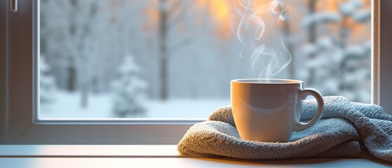 Wall Mural - Cozy winter scene. Coffee, open book, and plaid on vintage windowsill in cottage, snowy landscape with snowdrift outside.