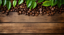 Coffee Beans In A Brown Wooden Background And With Coffee Leaves In The Form Of Damaged And Weathered Surfaces Use Of General Materials.
