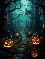 Wall Mural - Halloween haunted forest creepy landscape at night