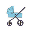 Baby pram colorful doodle illustration in vector isolated on white background. Baby stroller hand drawn colorful icon in vector.