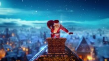 Santa Claus Carrying A Red Bag With Gifts To Children, Carefully Walking On A Roof Of A House On A Night Of Christmas Eve. Santa Waving To Camera And Magically Disappearing Into The Chimney