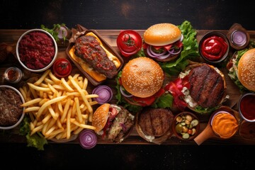 Wall Mural - Wooden Cutting Board with Burgers and French Fries