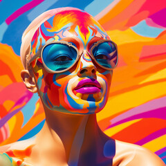 Wall Mural - A portrait of a stylish female with a colorful background. Her face is covered with paintGenerative AI illustration	
