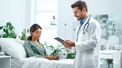 Doctor checklist patient information for health insurance using tablet, Consultation and advice, Hospital.