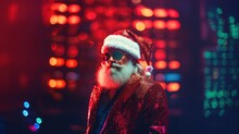Modern Hipster Cyberpunk Style Santa Claus In Neon Glitter Cloth And Sunglass. Modern Santa Claus In Santa Red Hat, Wearing A Red Glitchy Jacket On Multicolor Background Nightclub.