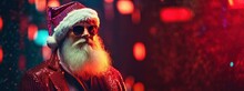 Modern Santa Claus Nightclub Party Web Banner. Stylish Hipster Cyberpunk Style Santa Claus In Neon Glitter Cloth And Sunglass. Modern Santa Claus In Santa Red Hat Background