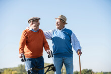 Old Friends Taking A Stroll In The Fields With Walking Stick And Wheeled Walker, Talking About Old Times